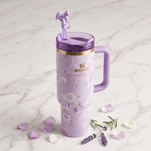 New Stanley Floral Purple 40 oz Tumbler | Insulated Quencher Cup with Handle & Straw